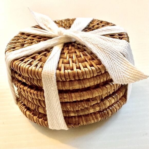 Woven Coasters Wicker Rattan Boho Bohemian 4" Across Set of 6 - Picture 3 of 10